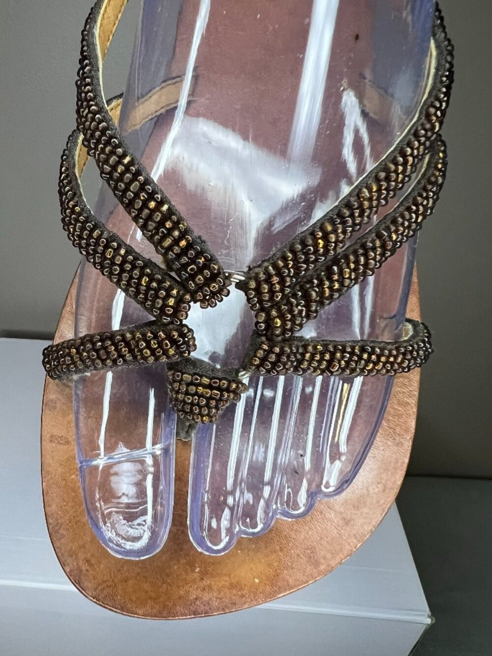 Serendipity Brown Beaded Leather Thong Sandals Boho Resort Flip Flops Women's 8